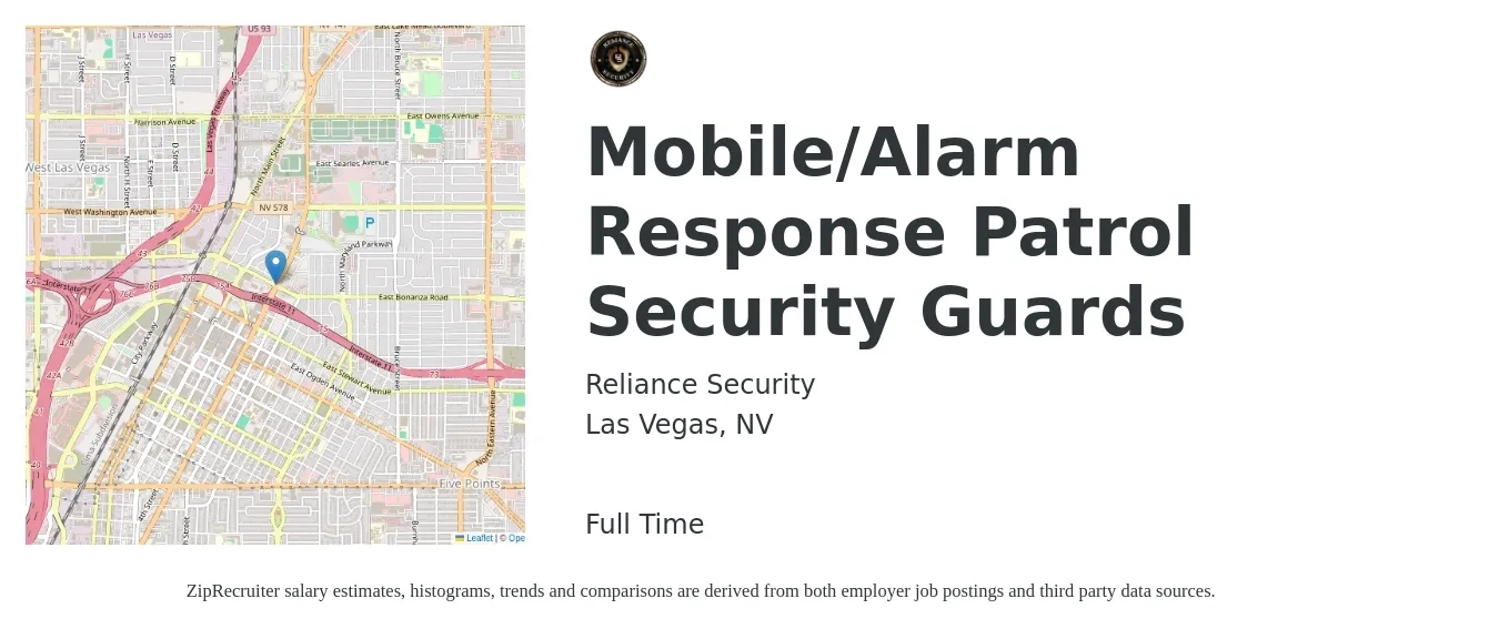 Reliance Security job posting for a Mobile/Alarm Response Patrol Security Guards in Las Vegas, NV with a salary of $20 Hourly with a map of Las Vegas location.