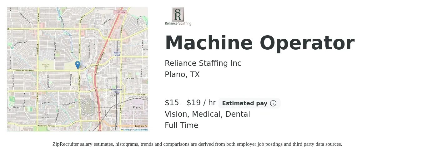 Reliance Staffing Inc job posting for a Machine Operator in Plano, TX with a salary of $16 to $20 Hourly and benefits including dental, medical, and vision with a map of Plano location.