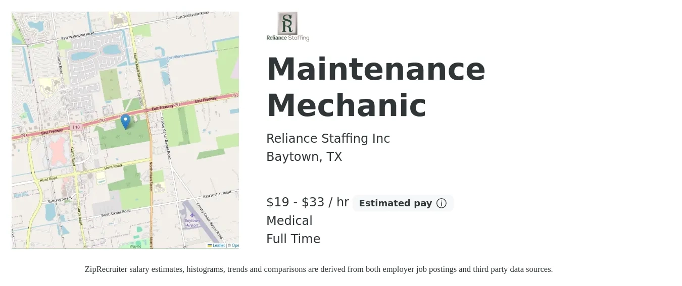 Reliance Staffing Inc job posting for a Maintenance Mechanic in Baytown, TX with a salary of $20 to $35 Hourly and benefits including medical with a map of Baytown location.