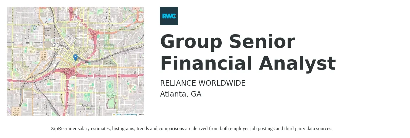 RELIANCE WORLDWIDE job posting for a Group Senior Financial Analyst in Atlanta, GA with a salary of $81,200 to $101,100 Yearly with a map of Atlanta location.