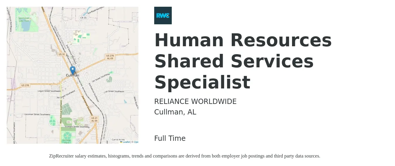 RELIANCE WORLDWIDE job posting for a Human Resources Shared Services Specialist in Cullman, AL with a salary of $41,500 to $86,900 Yearly with a map of Cullman location.