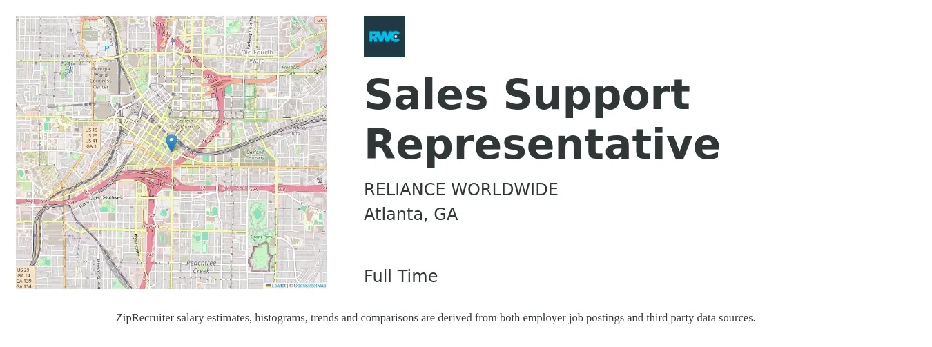 RELIANCE WORLDWIDE job posting for a Sales Support Representative in Atlanta, GA with a salary of $18 to $25 Hourly with a map of Atlanta location.