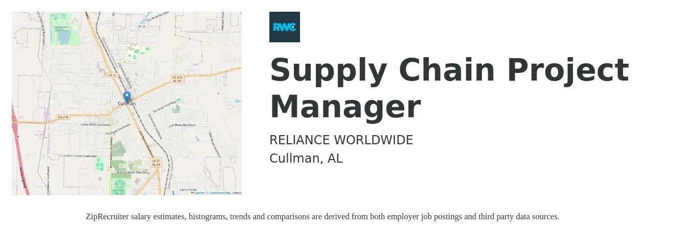 RELIANCE WORLDWIDE job posting for a Supply Chain Project Manager in Cullman, AL with a salary of $36 to $62 Hourly with a map of Cullman location.