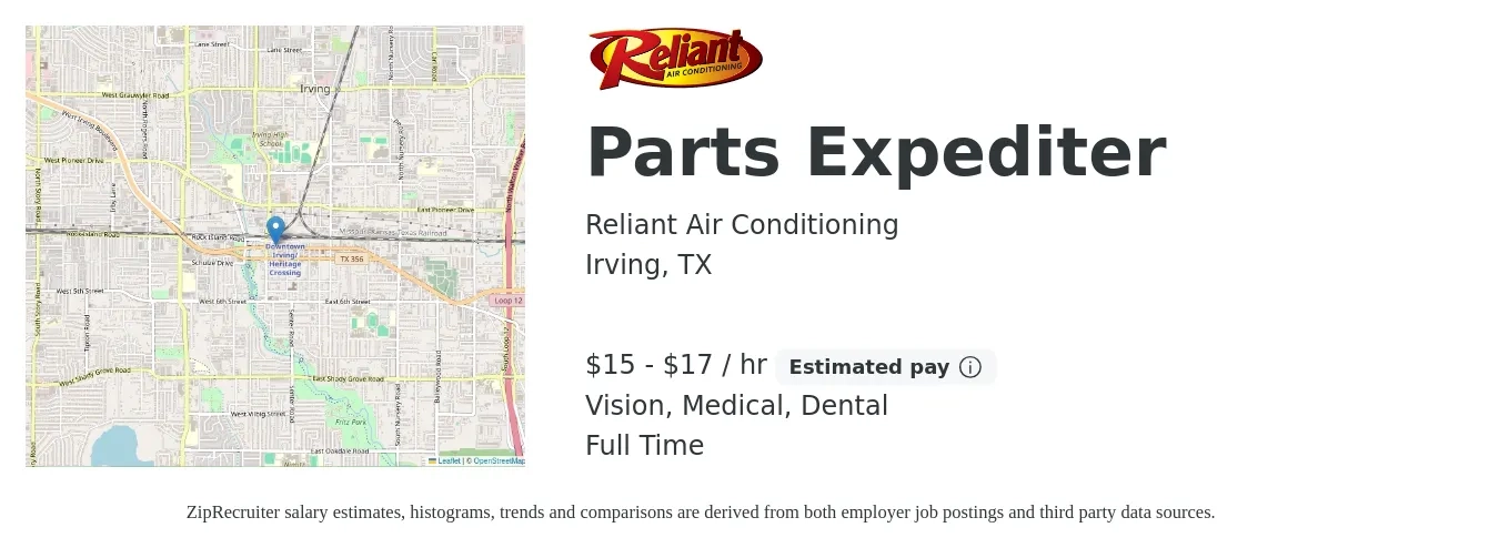 Reliant Air Conditioning job posting for a Parts Expediter in Irving, TX with a salary of $16 to $18 Hourly and benefits including dental, life_insurance, medical, pto, retirement, and vision with a map of Irving location.