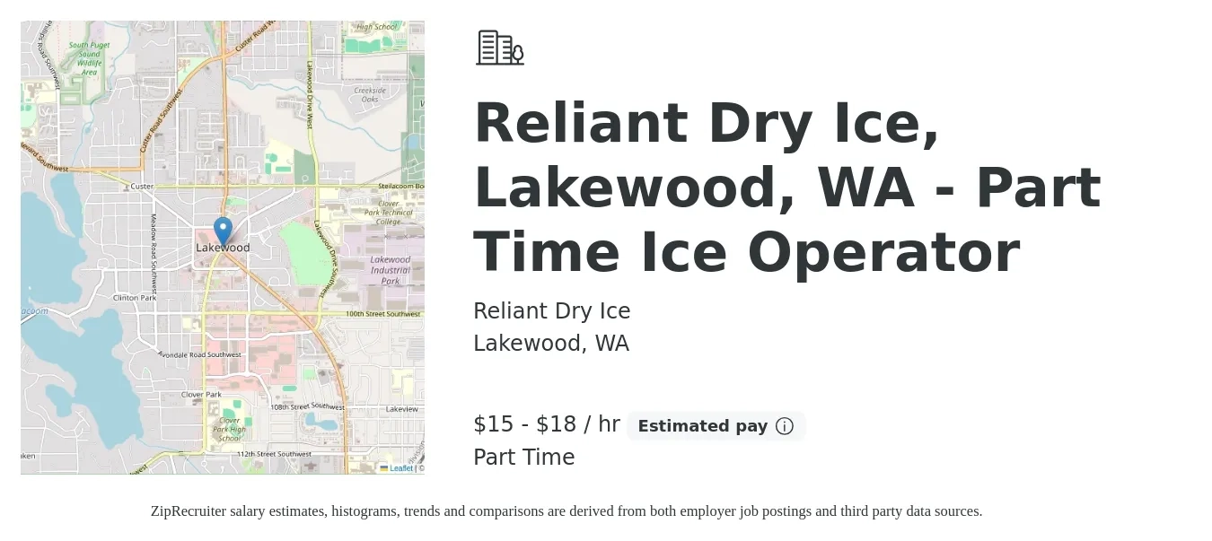 Reliant Dry Ice job posting for a Reliant Dry Ice, Lakewood, WA - Part Time Ice Operator in Lakewood, WA with a salary of $16 to $19 Hourly with a map of Lakewood location.