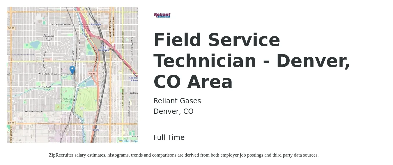 Reliant Gases job posting for a Field Service Technician - Denver, CO Area in Denver, CO with a salary of $23 to $40 Hourly with a map of Denver location.