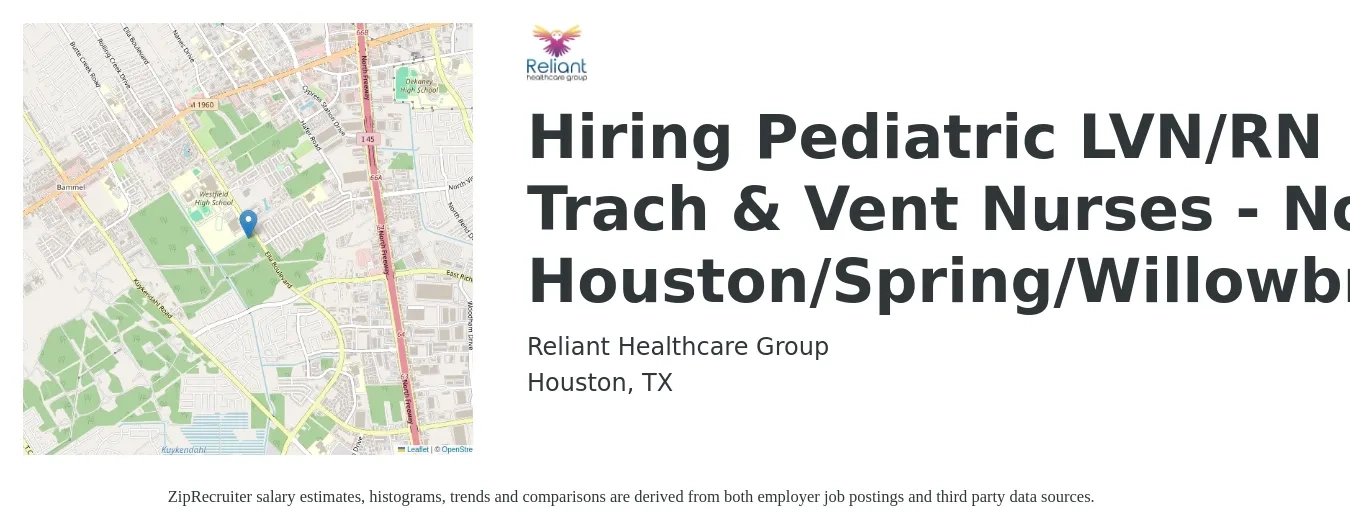 Reliant Healthcare Group job posting for a Hiring Pediatric LVN/RN Trach & Vent Nurses - North Houston/Spring/Willowbrook in Houston, TX with a salary of $25 to $38 Hourly with a map of Houston location.
