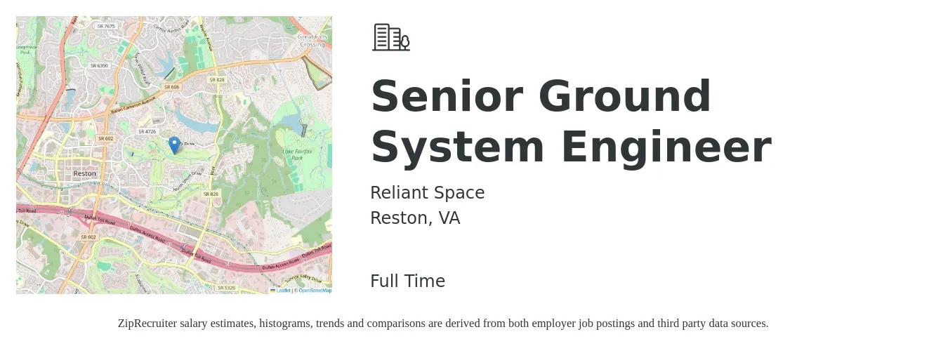 Reliant Space job posting for a Senior Ground System Engineer in Reston, VA with a salary of $108,700 to $148,800 Yearly with a map of Reston location.