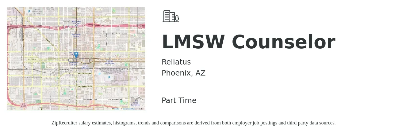 Reliatus job posting for a LMSW Counselor in Phoenix, AZ with a salary of $26 to $36 Hourly with a map of Phoenix location.