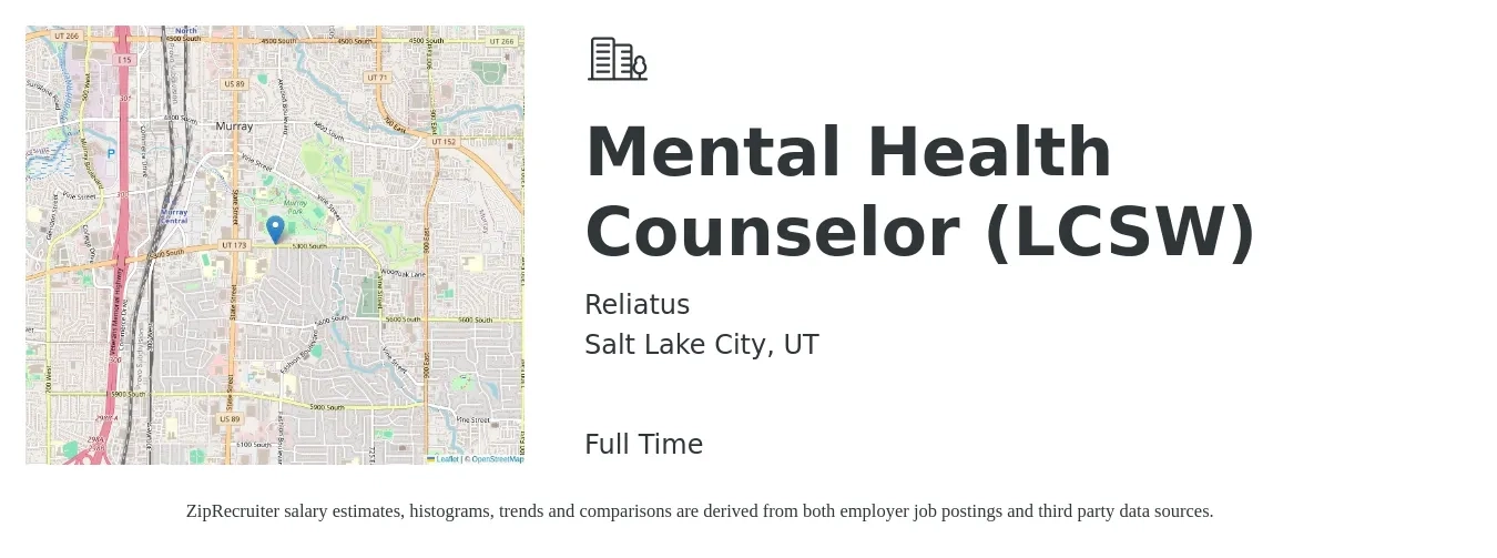 Reliatus job posting for a Mental Health Counselor (LCSW) in Salt Lake City, UT with a salary of $403 Daily with a map of Salt Lake City location.