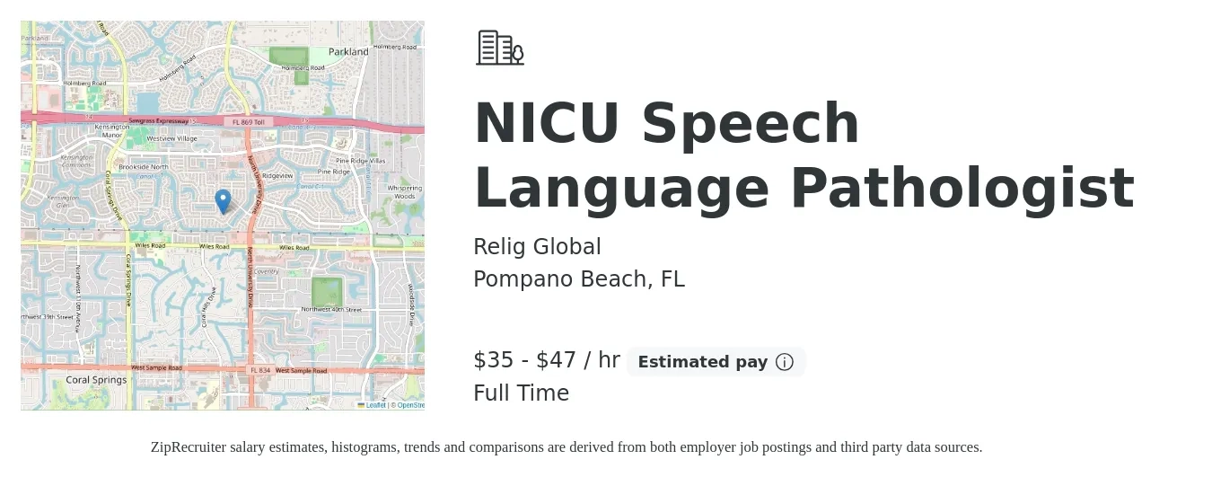 Relig Global job posting for a NICU Speech Language Pathologist in Pompano Beach, FL with a salary of $37 to $49 Hourly with a map of Pompano Beach location.