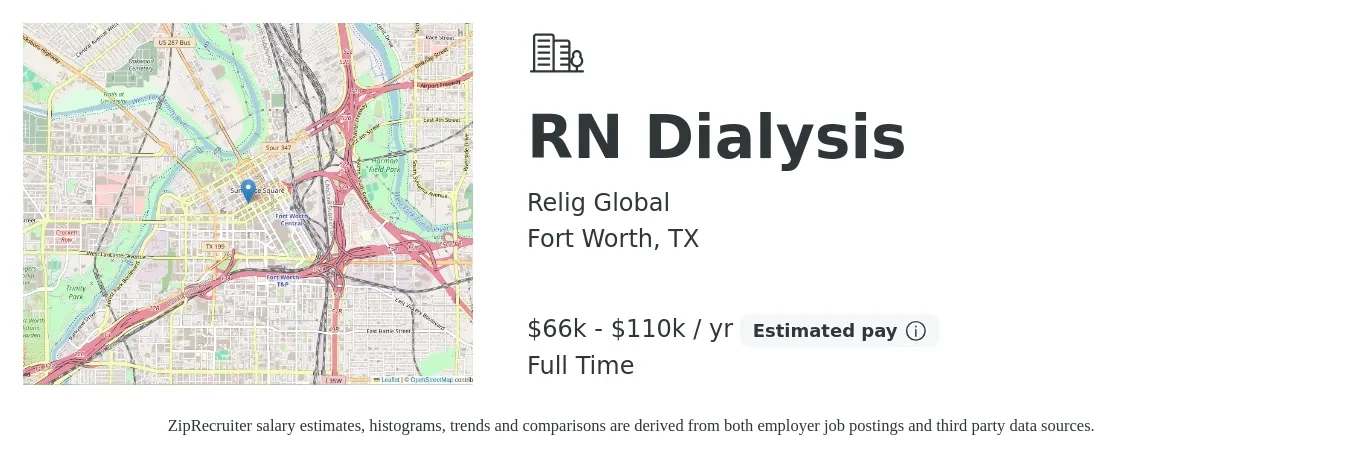 Relig Global job posting for a RN Dialysis in Fort Worth, TX with a salary of $66,000 to $110,000 Yearly with a map of Fort Worth location.