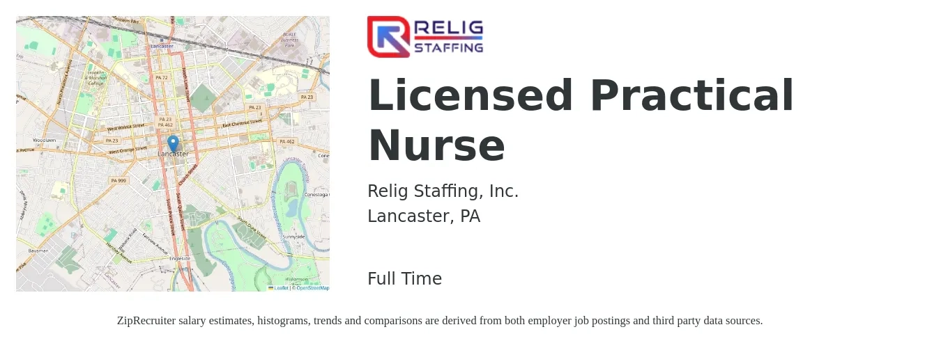 Relig Staffing, Inc. job posting for a Licensed Practical Nurse in Lancaster, PA with a salary of $25 to $34 Hourly with a map of Lancaster location.