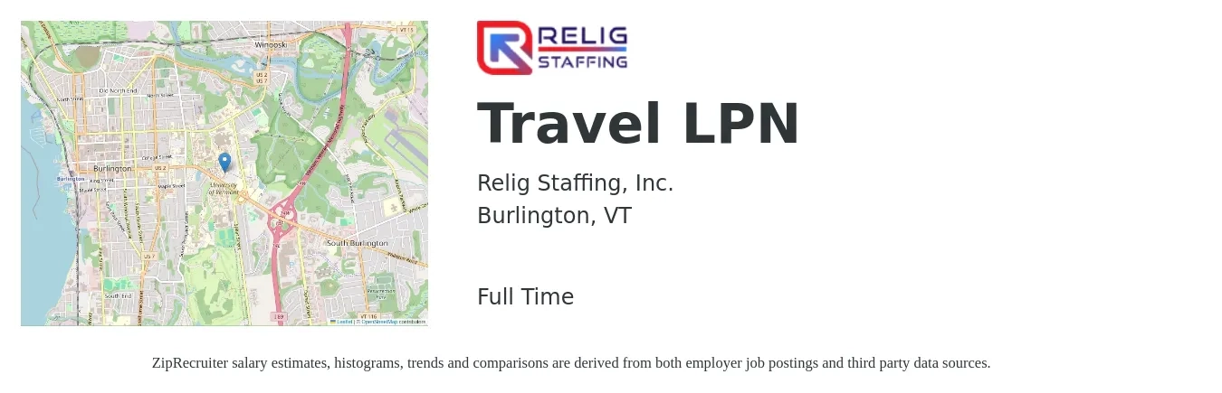 Relig Staffing, Inc. job posting for a Travel LPN in Burlington, VT with a salary of $26 to $34 Hourly with a map of Burlington location.