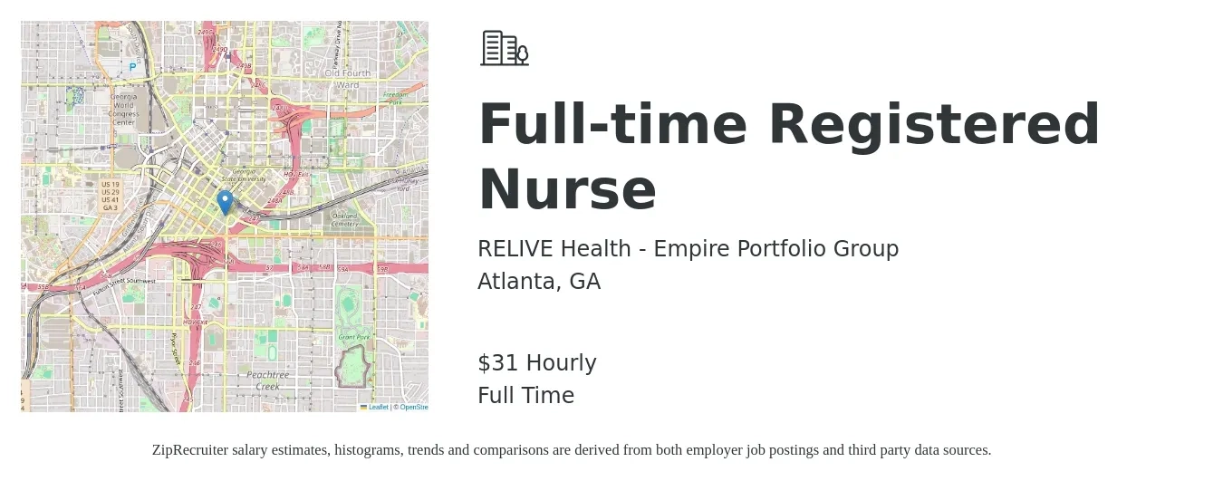 RELIVE Health - Empire Portfolio Group job posting for a Full-time Registered Nurse in Atlanta, GA with a salary of $35 Hourly with a map of Atlanta location.