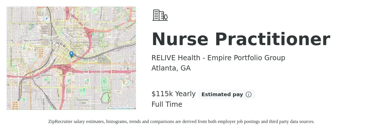 RELIVE Health - Empire Portfolio Group job posting for a Nurse Practitioner in Atlanta, GA with a salary of $115,000 Yearly with a map of Atlanta location.