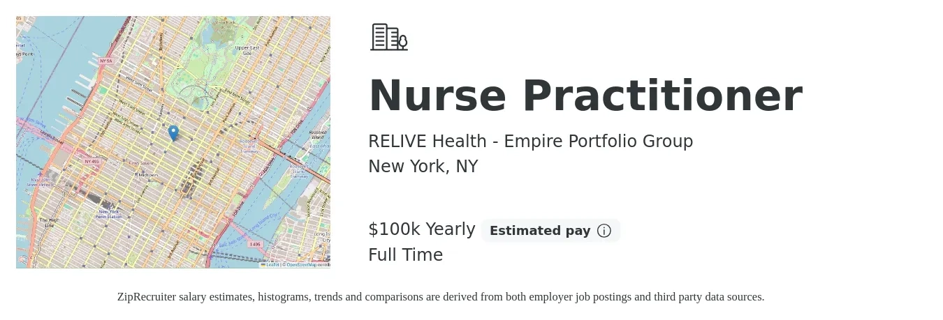 RELIVE Health - Empire Portfolio Group job posting for a Nurse Practitioner in New York, NY with a salary of $125,000 to $140,000 Yearly with a map of New York location.