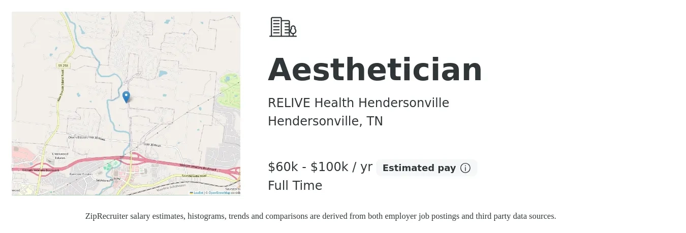 RELIVE Health Hendersonville job posting for a Aesthetician in Hendersonville, TN with a salary of $60,000 to $100,000 Yearly with a map of Hendersonville location.
