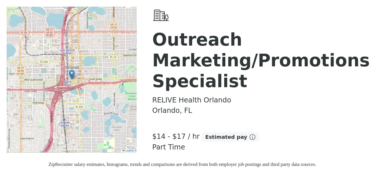 RELIVE Health Orlando job posting for a Outreach Marketing/Promotions Specialist in Orlando, FL with a salary of $15 to $18 Hourly with a map of Orlando location.