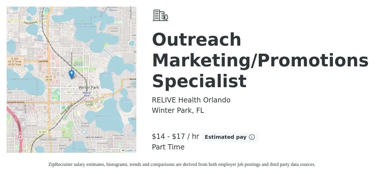 RELIVE Health Orlando job posting for a Outreach Marketing/Promotions Specialist in Winter Park, FL with a salary of $15 to $18 Hourly with a map of Winter Park location.