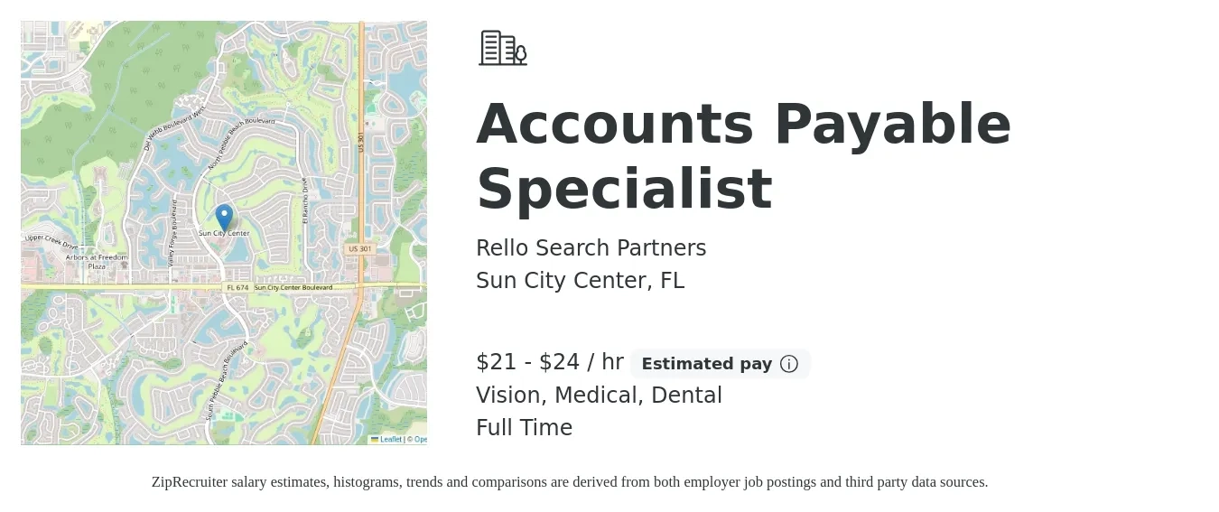 Rello Search Partners job posting for a Accounts Payable Specialist in Sun City Center, FL with a salary of $22 to $25 Hourly and benefits including dental, life_insurance, medical, pto, retirement, and vision with a map of Sun City Center location.