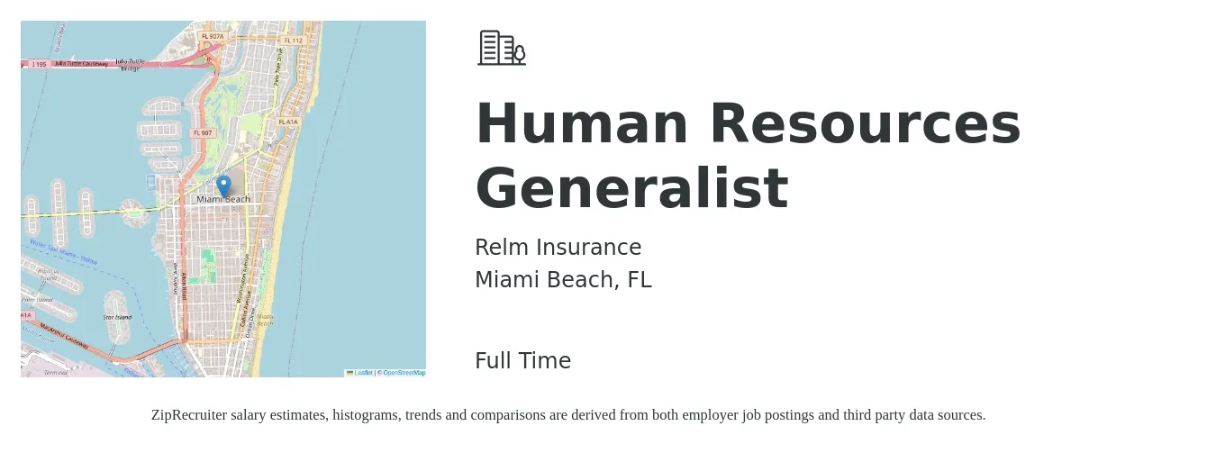 Relm Insurance Ltd job posting for a Human Resources Generalist in Miami Beach, FL with a salary of $51,400 to $73,100 Yearly with a map of Miami Beach location.