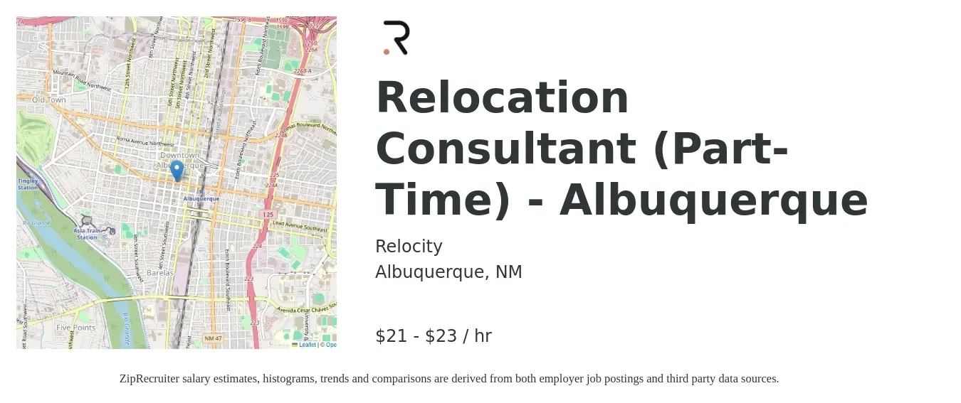 Relocity job posting for a Relocation Consultant (Part-Time) - Albuquerque in Albuquerque, NM with a salary of $22 to $24 Hourly with a map of Albuquerque location.