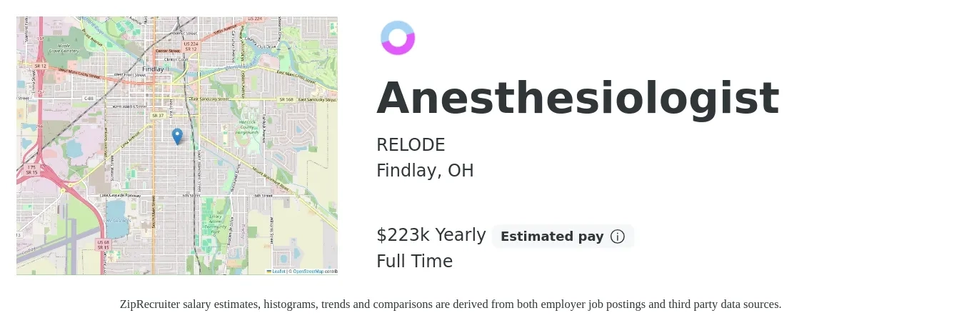 RELODE job posting for a Anesthesiologist in Findlay, OH with a salary of $223,000 Yearly with a map of Findlay location.