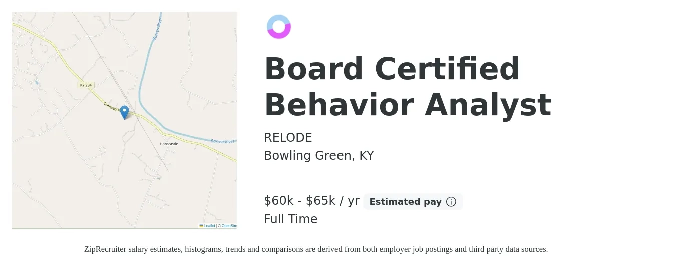 RELODE job posting for a Board Certified Behavior Analyst in Bowling Green, KY with a salary of $60,000 to $65,000 Yearly with a map of Bowling Green location.