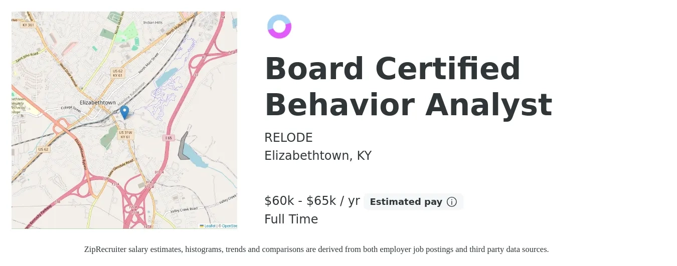 RELODE job posting for a Board Certified Behavior Analyst in Elizabethtown, KY with a salary of $60,000 to $65,000 Yearly with a map of Elizabethtown location.