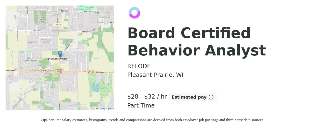 RELODE job posting for a Board Certified Behavior Analyst in Pleasant Prairie, WI with a salary of $30 to $34 Hourly with a map of Pleasant Prairie location.