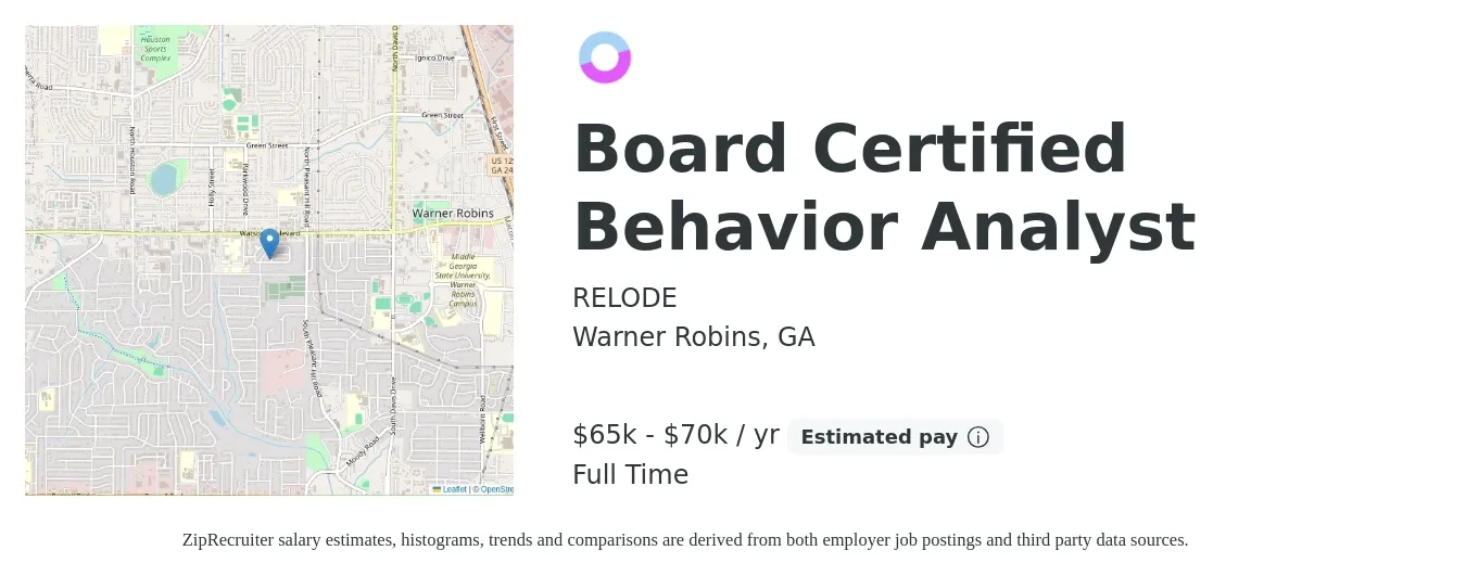 RELODE job posting for a Board Certified Behavior Analyst in Warner Robins, GA with a salary of $65,000 to $70,000 Yearly with a map of Warner Robins location.