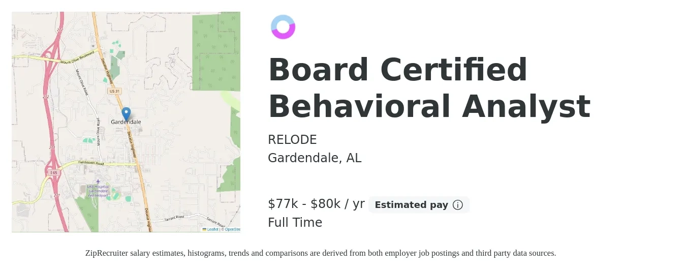 RELODE job posting for a Board Certified Behavioral Analyst in Gardendale, AL with a salary of $77,000 to $80,000 Yearly with a map of Gardendale location.