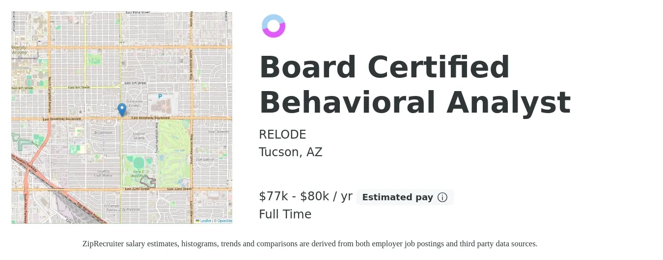 RELODE job posting for a Board Certified Behavioral Analyst in Tucson, AZ with a salary of $77,000 to $80,000 Yearly with a map of Tucson location.