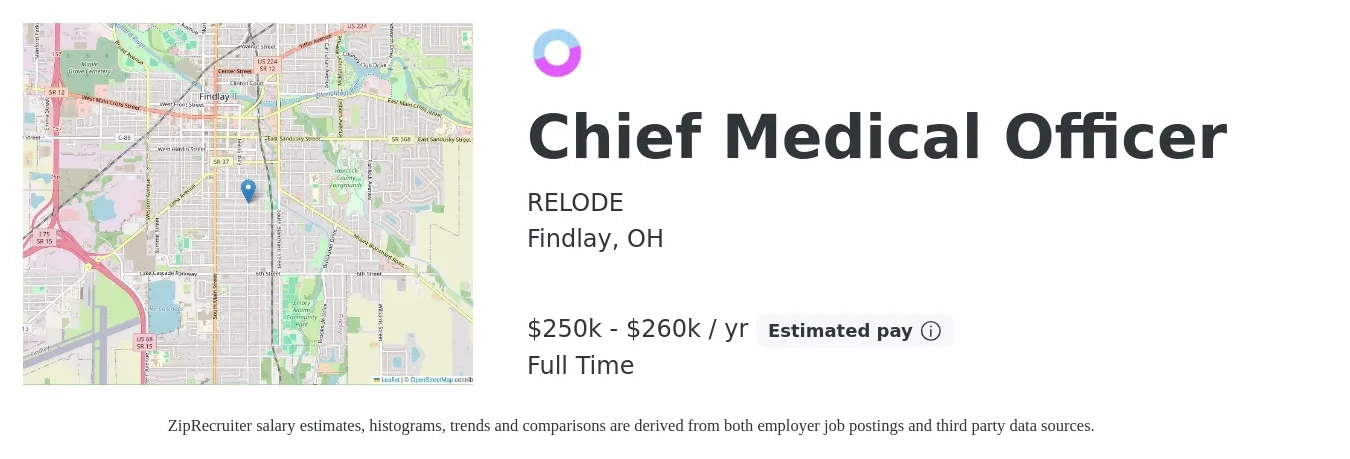 RELODE job posting for a Chief Medical Officer in Findlay, OH with a salary of $250,000 to $260,000 Yearly with a map of Findlay location.
