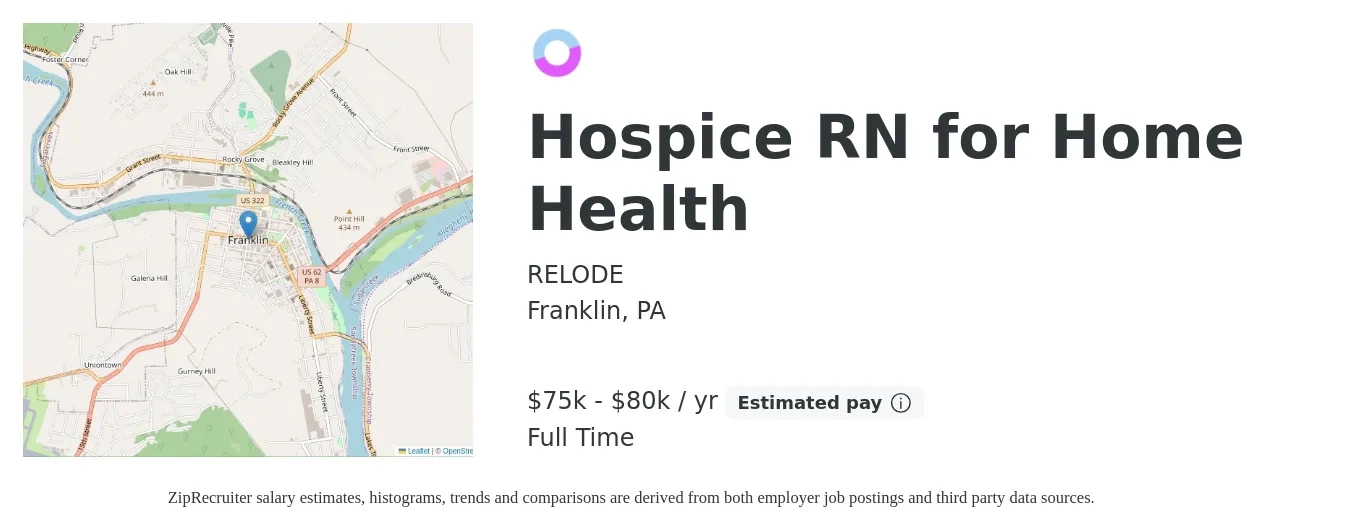 RELODE job posting for a Hospice RN for Home Health in Franklin, PA with a salary of $75,000 to $80,000 Yearly with a map of Franklin location.