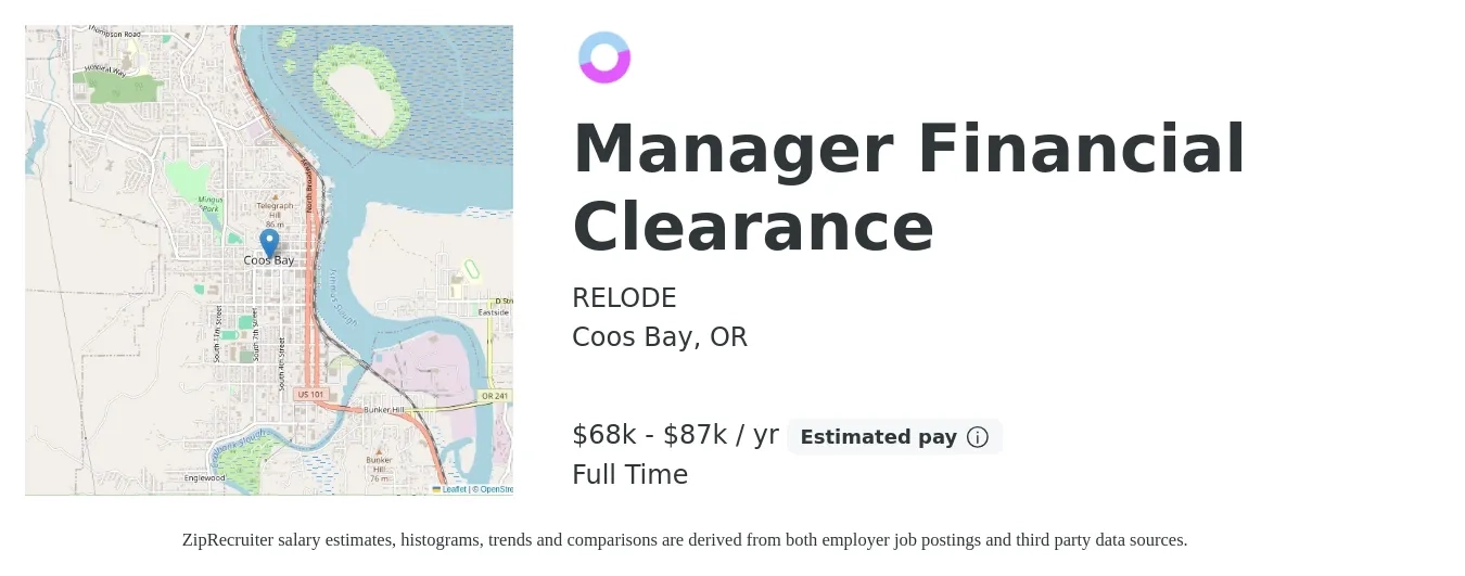 RELODE job posting for a Manager Financial Clearance in Coos Bay, OR with a salary of $68,790 to $87,000 Yearly with a map of Coos Bay location.