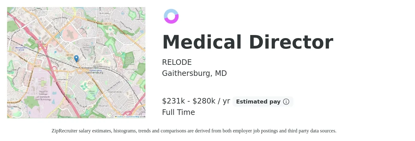 RELODE job posting for a Medical Director in Gaithersburg, MD with a salary of $231,000 to $280,000 Yearly with a map of Gaithersburg location.