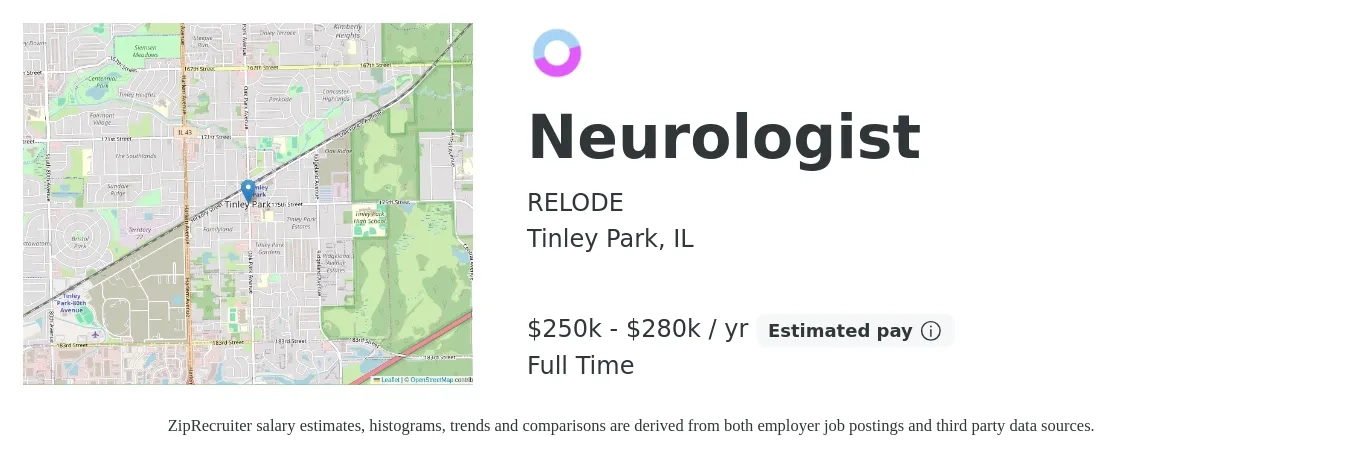 RELODE job posting for a Neurologist in Tinley Park, IL with a salary of $250,000 to $280,000 Yearly with a map of Tinley Park location.