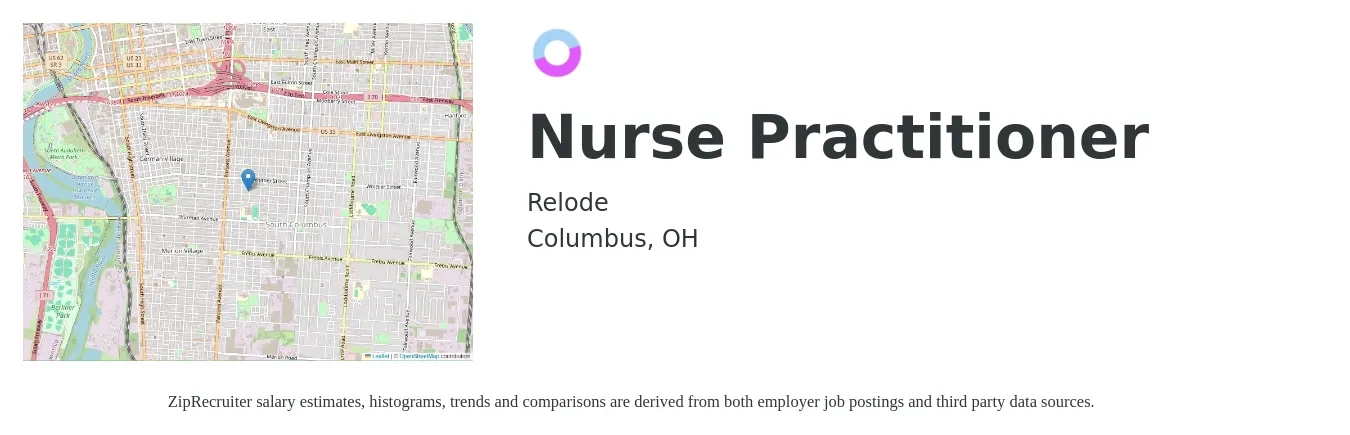 RELODE job posting for a Nurse Practitioner in Columbus, OH with a salary of $120,000 to $125,000 Yearly with a map of Columbus location.