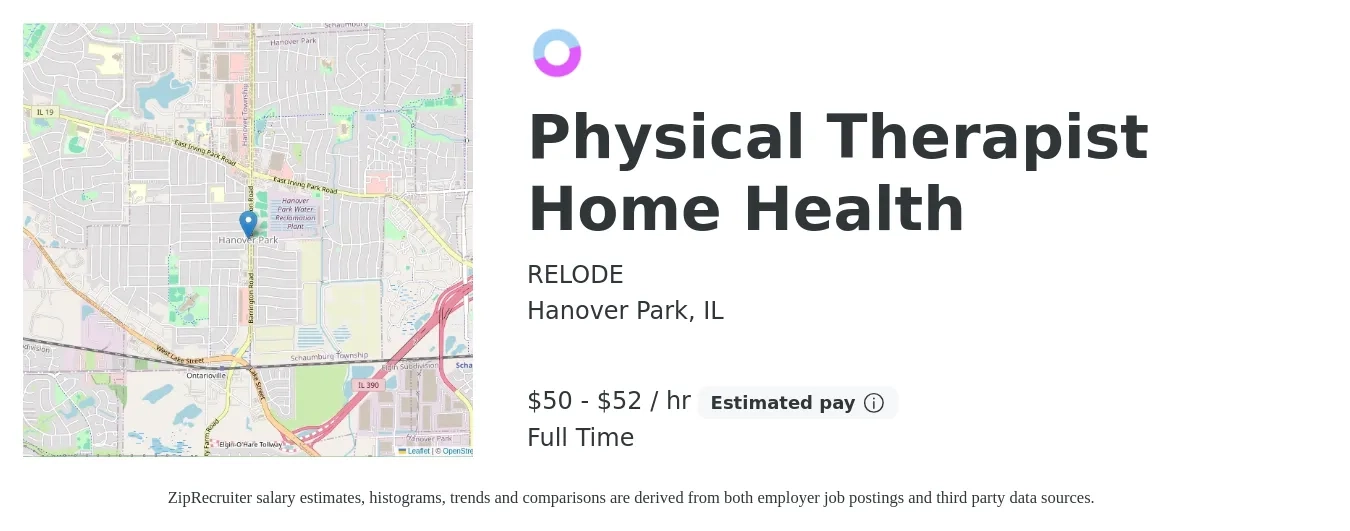 RELODE job posting for a Physical Therapist Home Health in Hanover Park, IL with a salary of $52 to $55 Hourly with a map of Hanover Park location.