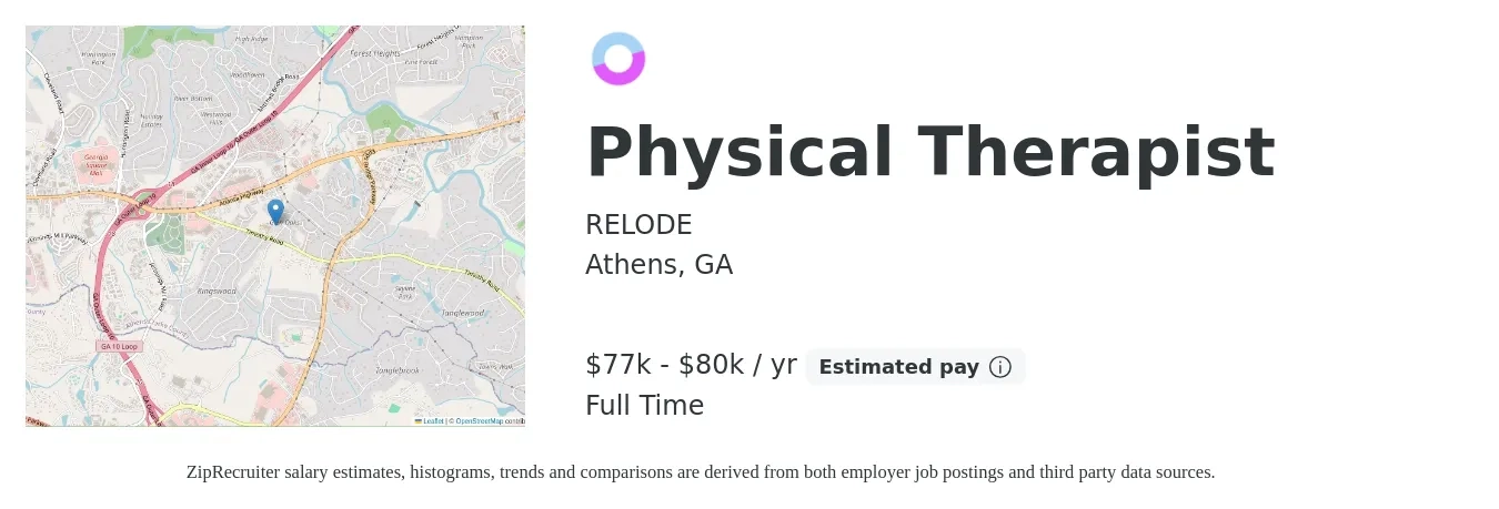 RELODE job posting for a Physical Therapist in Athens, GA with a salary of $77,000 to $80,000 Yearly with a map of Athens location.