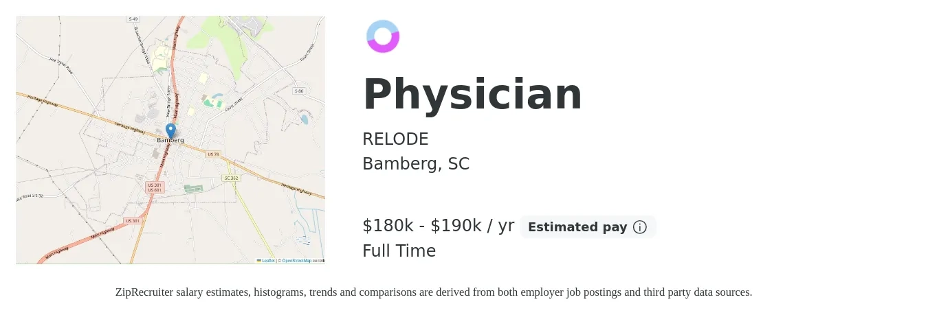 RELODE job posting for a Physician in Bamberg, SC with a salary of $180,000 to $190,000 Yearly with a map of Bamberg location.