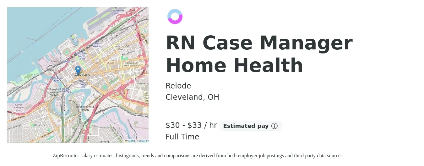 RELODE job posting for a RN Case Manager Home Health in Cleveland, OH with a salary of $32 to $35 Hourly with a map of Cleveland location.