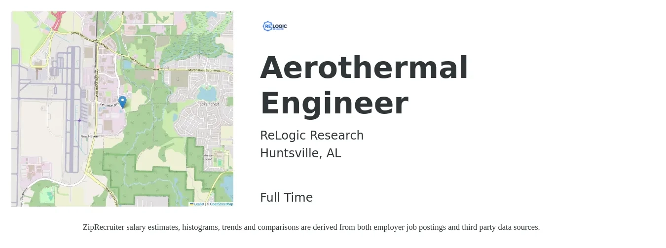 ReLogic Research job posting for a Aerothermal Engineer in Huntsville, AL with a salary of $84,500 to $117,200 Yearly with a map of Huntsville location.
