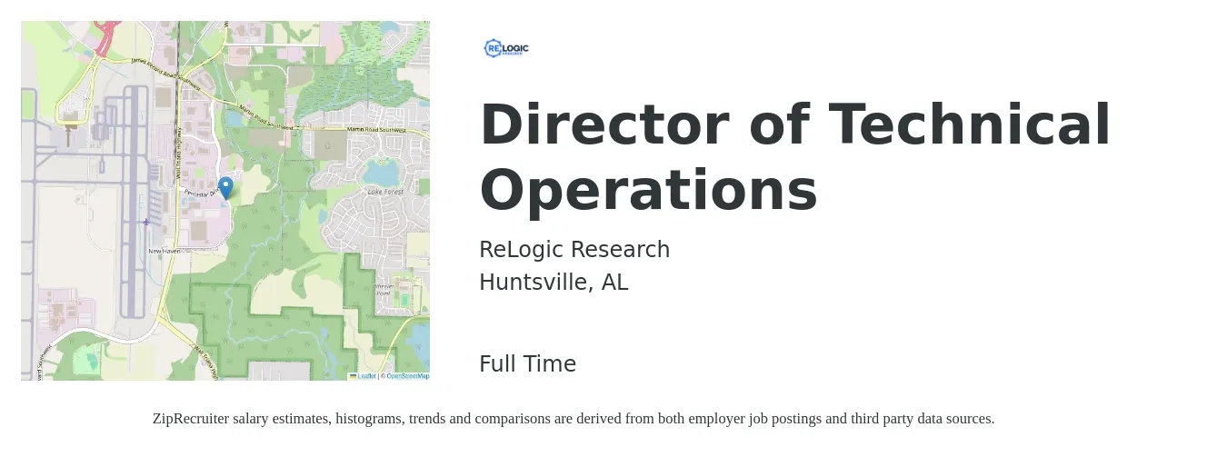 ReLogic Research job posting for a Director of Technical Operations in Huntsville, AL with a salary of $68,400 to $155,400 Yearly with a map of Huntsville location.