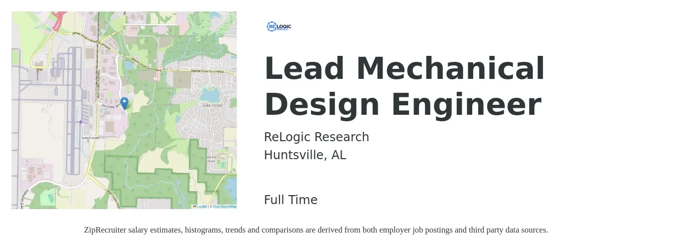 ReLogic Research job posting for a Lead Mechanical Design Engineer in Huntsville, AL with a salary of $111,100 to $134,300 Yearly with a map of Huntsville location.