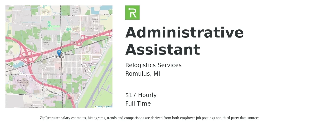 Relogistics Services job posting for a Administrative Assistant in Romulus, MI with a salary of $18 Hourly with a map of Romulus location.
