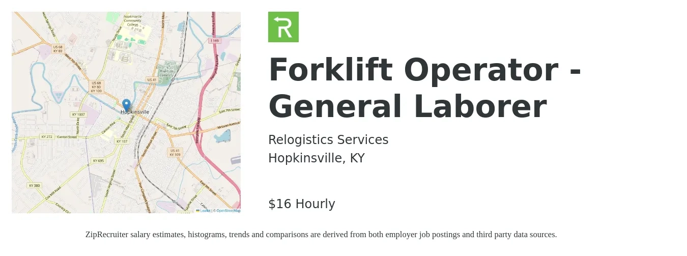 Relogistics Services job posting for a Forklift Operator - General Laborer in Hopkinsville, KY with a salary of $17 Hourly with a map of Hopkinsville location.