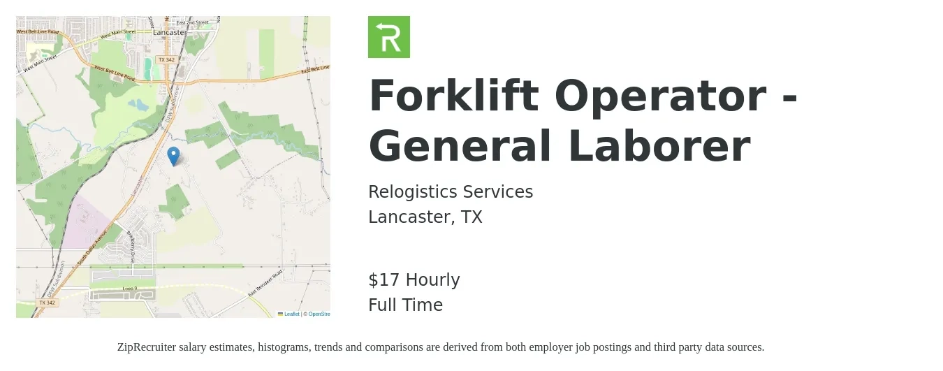 Relogistics Services job posting for a Forklift Operator - General Laborer in Lancaster, TX with a salary of $18 Hourly with a map of Lancaster location.